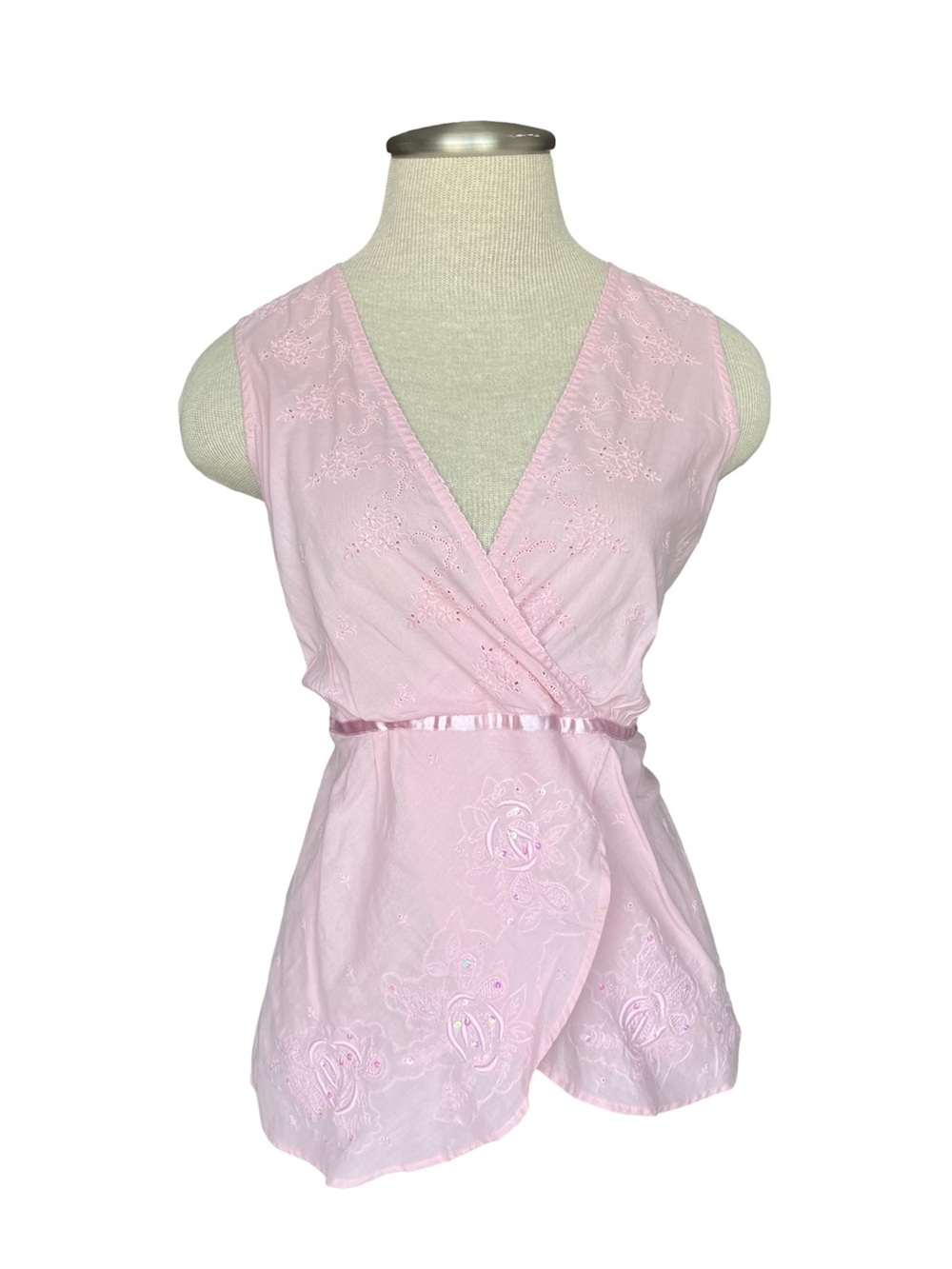 Y2K 2000s style Baby Pink Wrap Blouse Embroidered Sequin floral design Small